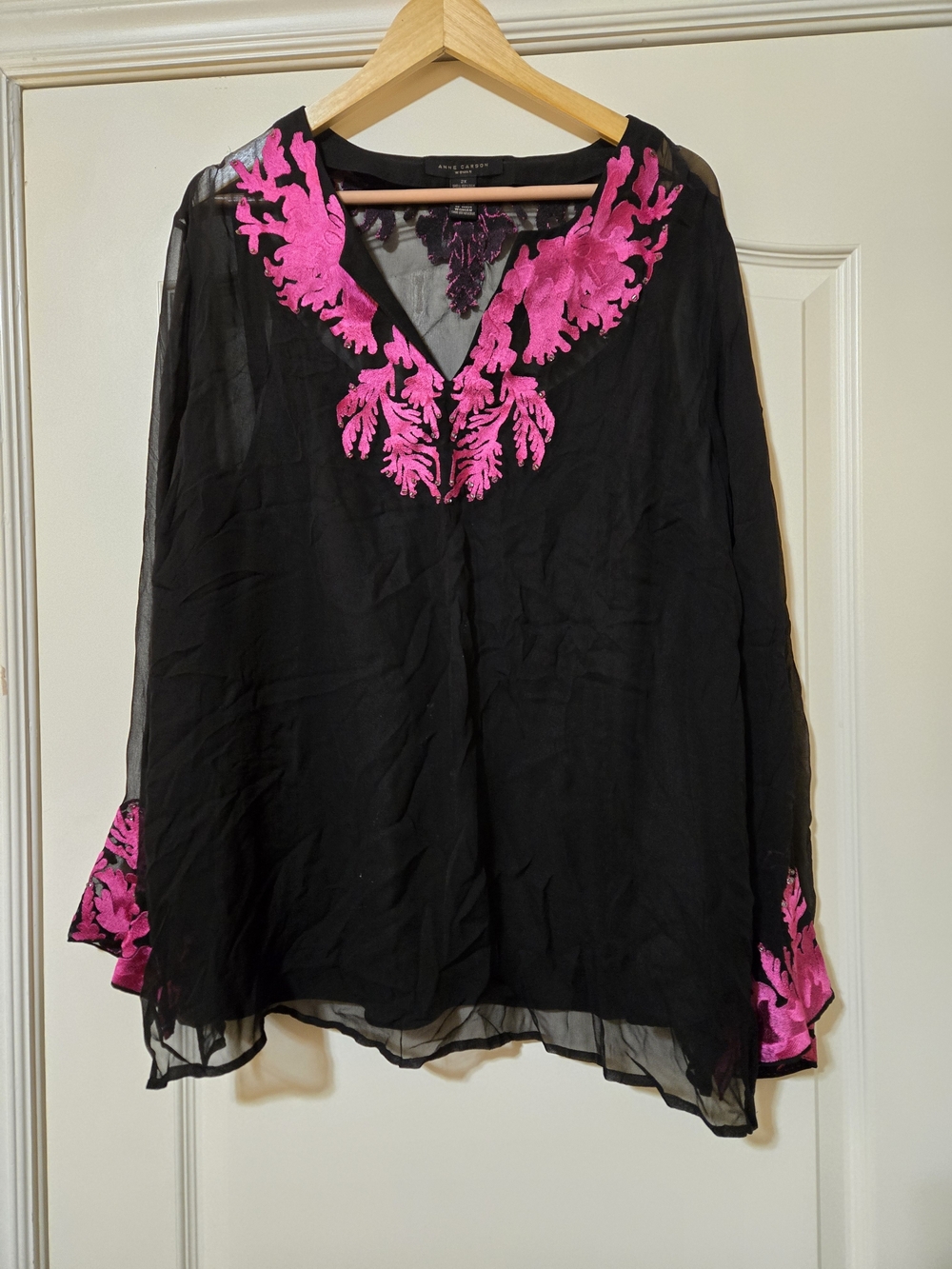 Anne Carson Woman Silk Black Sheer Blouse & Tank Hot Pink Embroidered Accents